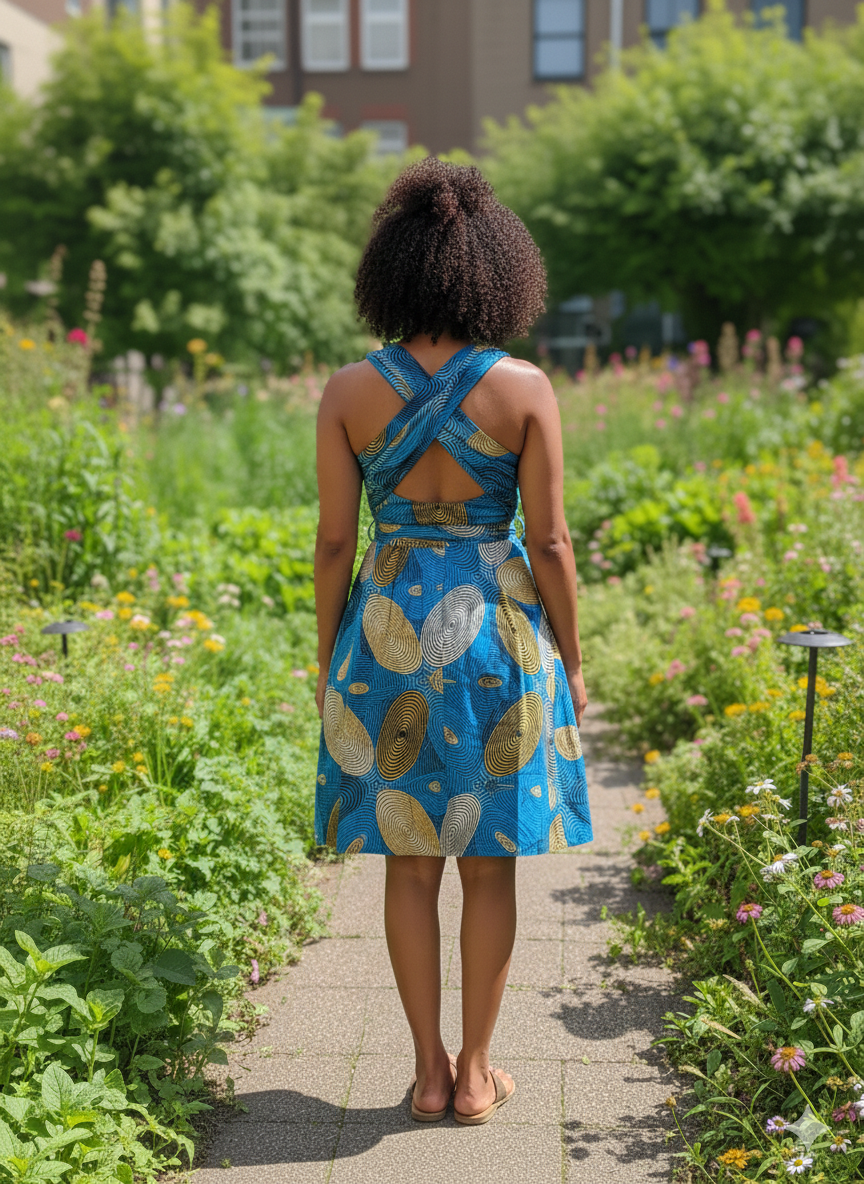 Origami Wrap Dress - Blue Gold Star