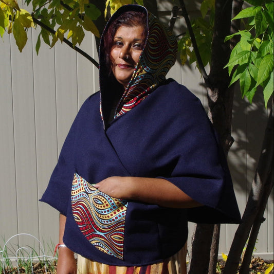 Wrap-around cape - Navy Blue Jacketing Fabric with Funky Red Stripes