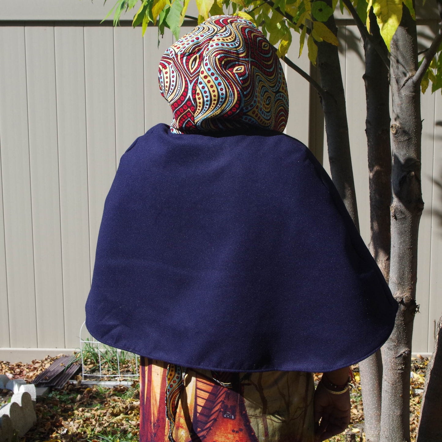 Wrap-around cape - Navy Blue Jacketing Fabric with Funky Red Stripes