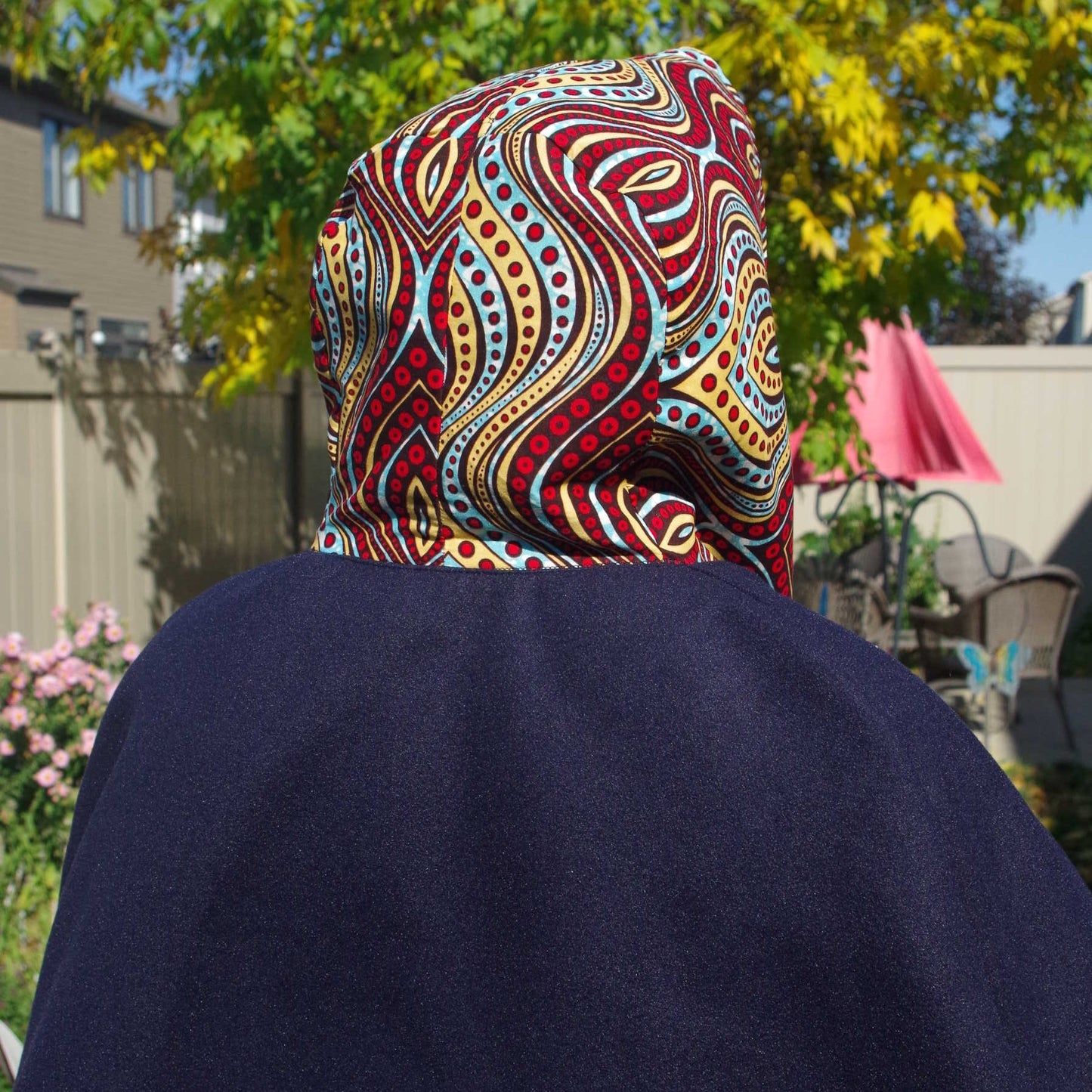 Wrap-around cape - Navy Blue Jacketing Fabric with Funky Red Stripes