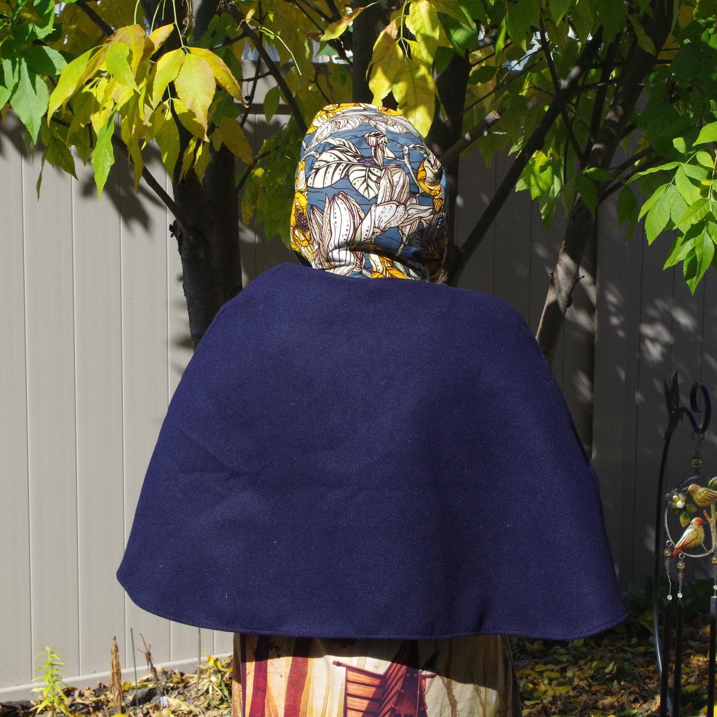 Wrap-around cape - Navy Blue Jacketing Fabric with Ocre Yellow Flowers