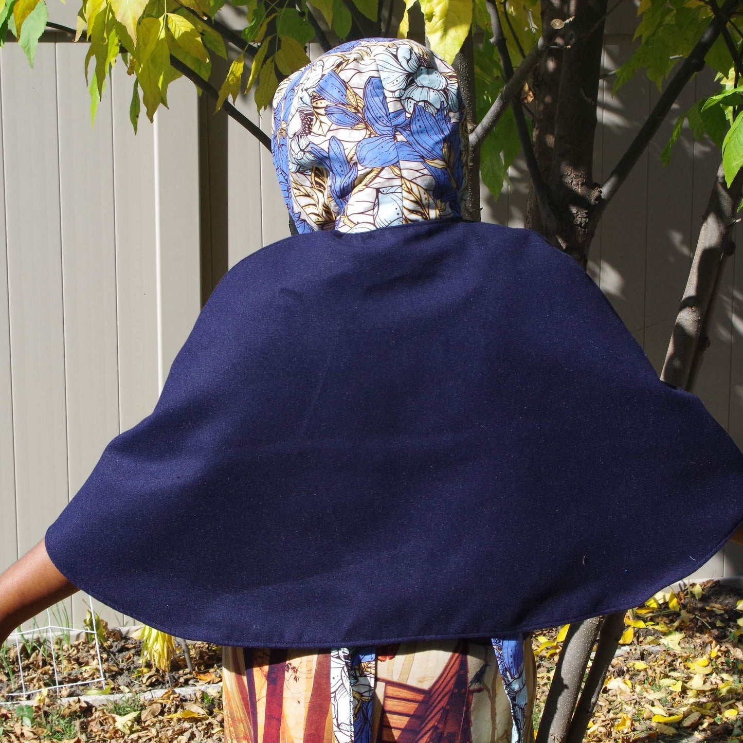 Wrap-around cape - Navy Blue Jacketing fabric with Chalk Blue Flower Print