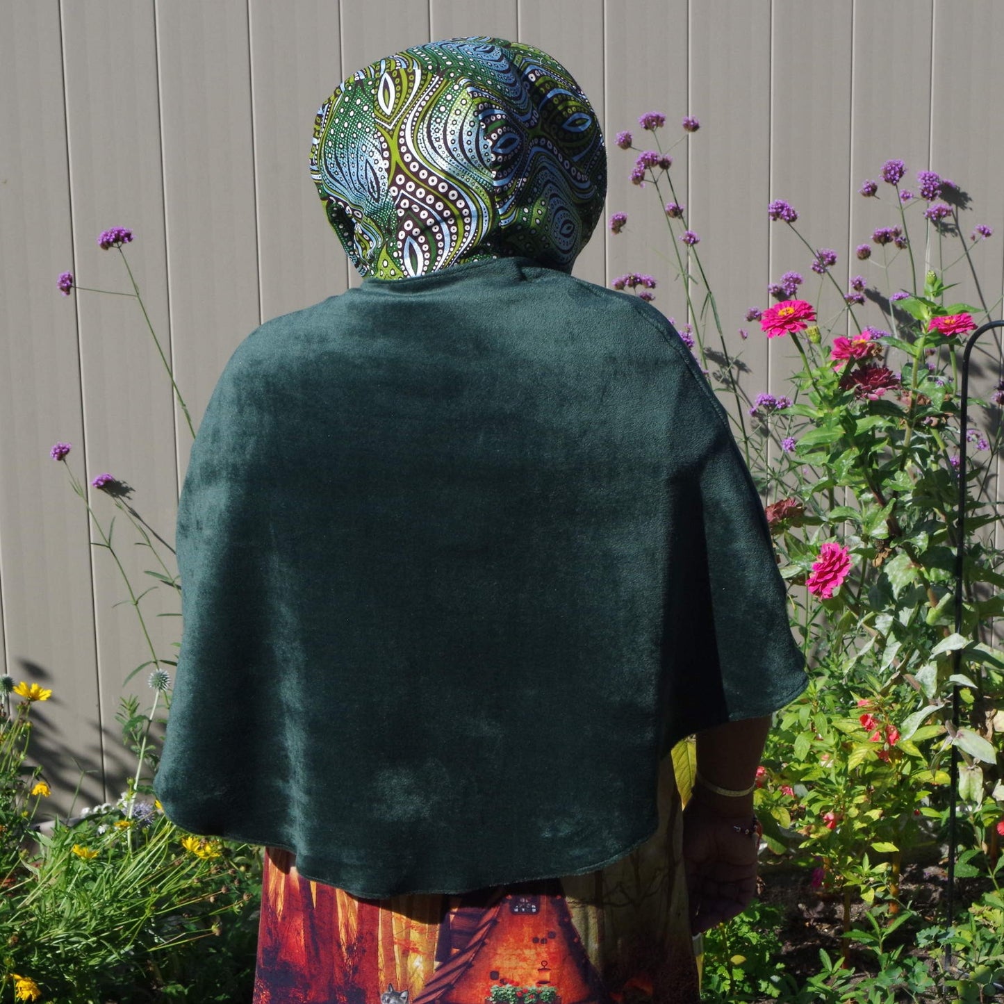 Wrap-around cape - Soft Green Chenille with Shiny Funky Green Line Print