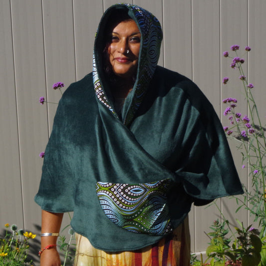 Wrap-around cape - Soft Green Chenille with Shiny Funky Green Line Print