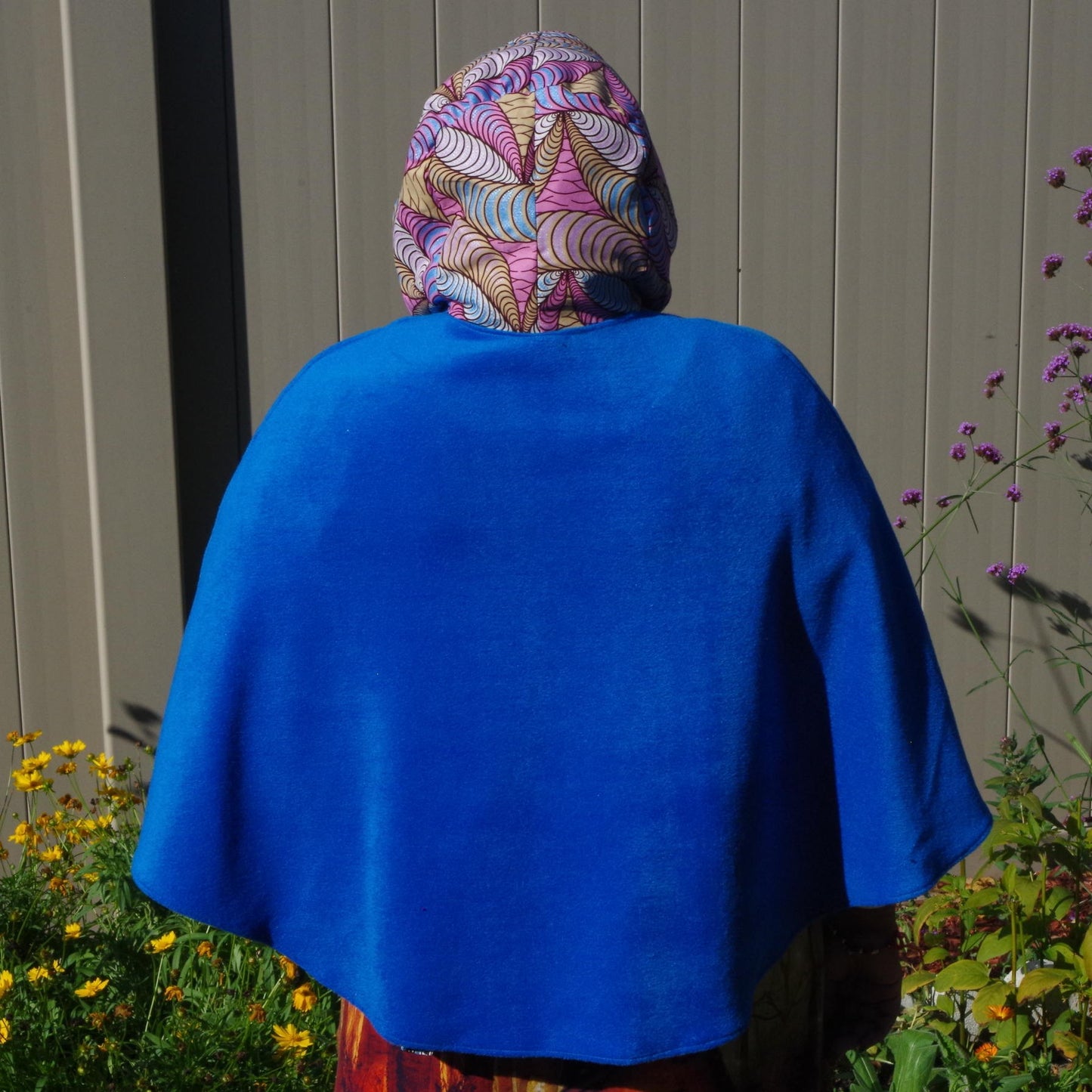 Wrap-around cape - Soft Blue Chenille with Shiny Pink Geometric Print