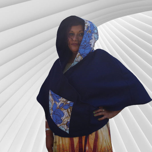 Wrap-around cape - Navy Blue Jacketing fabric with Chalk Blue Flower Print
