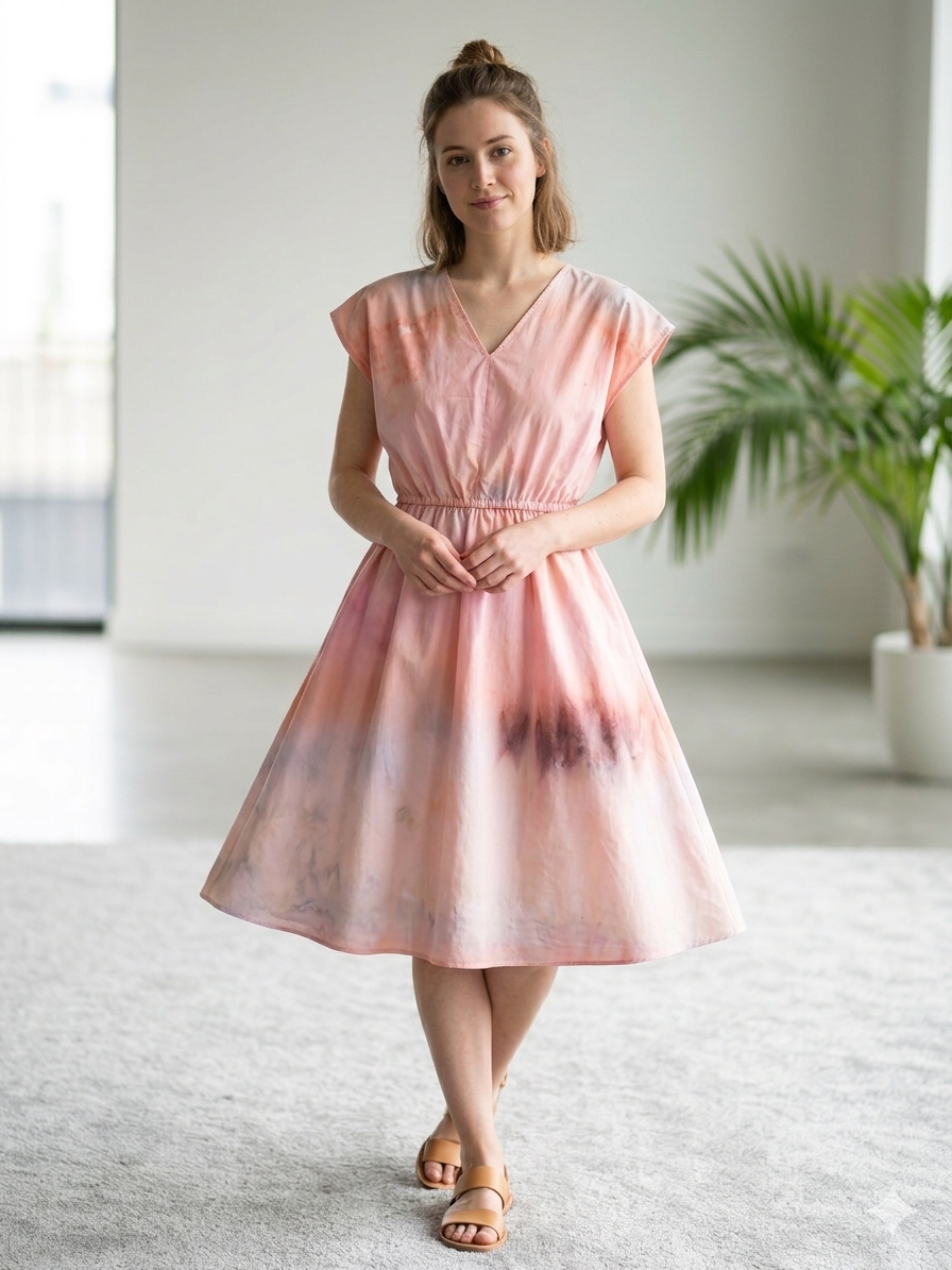 Robe à taille élastique - Tissu unique Tie-Dye fait main