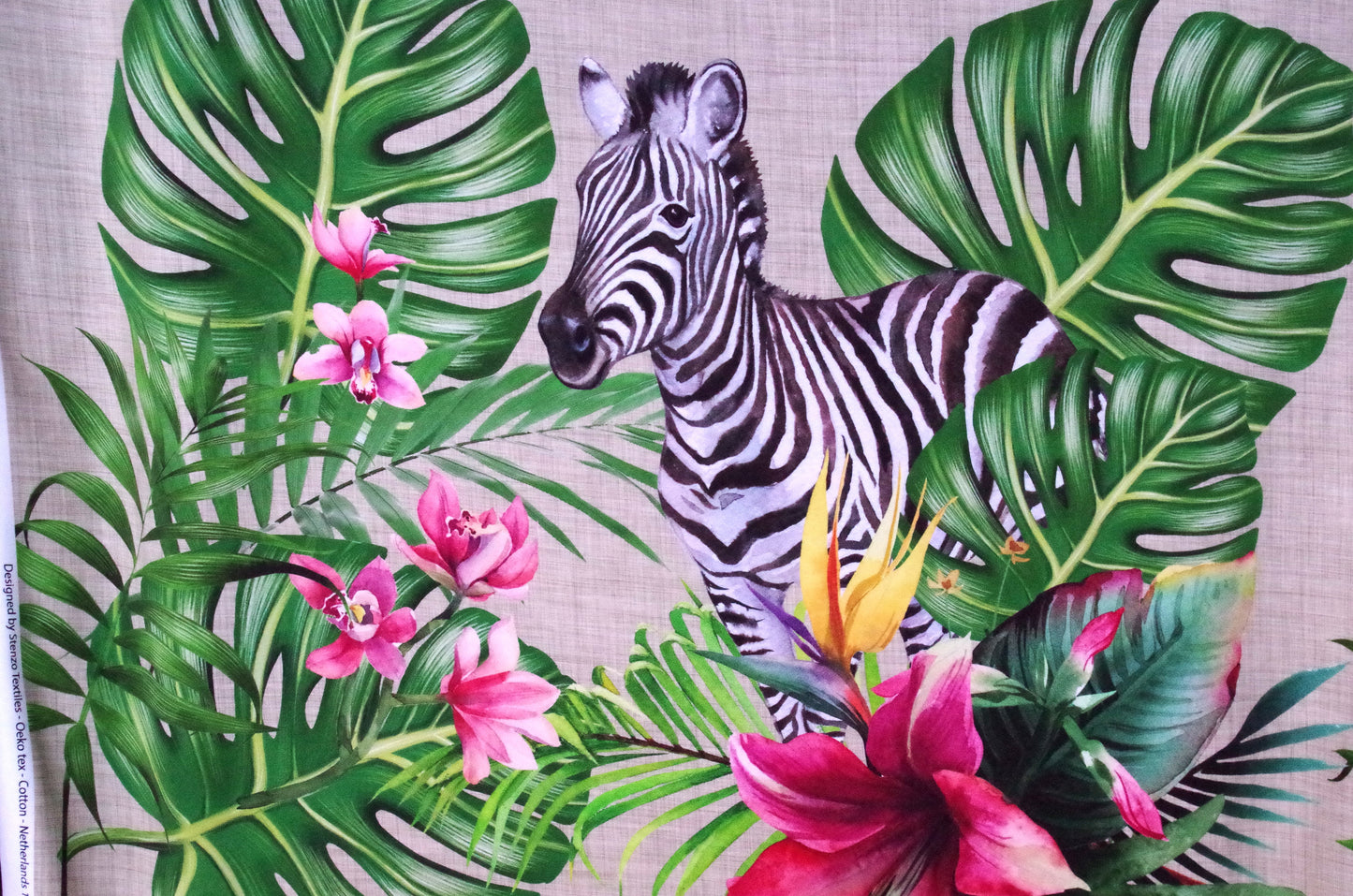 Panneau de tissu Stenzo 100 % coton Oeko-Tex - Guépard et zèbre sur fond lin - 152 x 119 cm