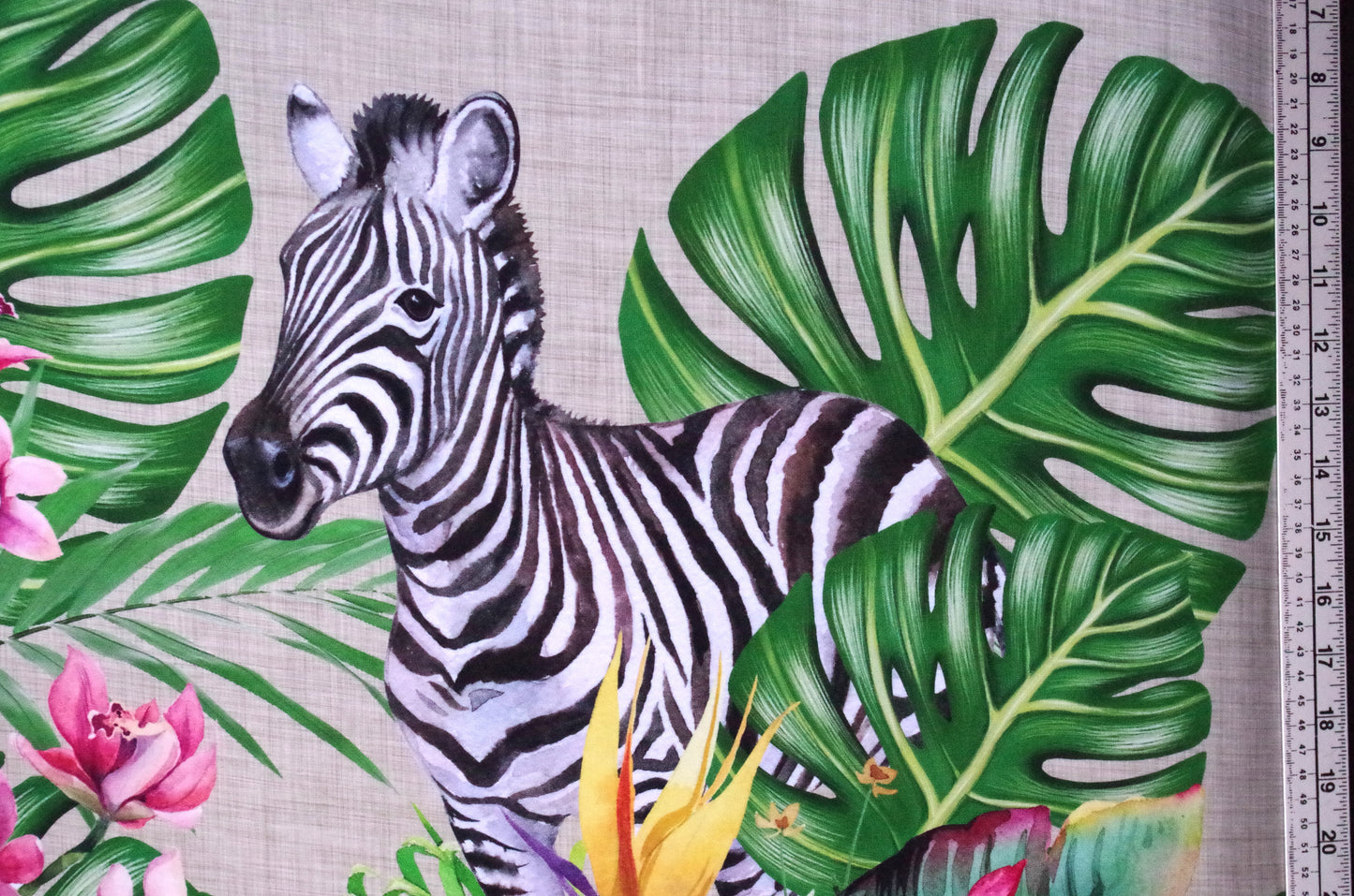 Panneau de tissu Stenzo 100 % coton Oeko-Tex - Guépard et zèbre sur fond lin - 152 x 119 cm