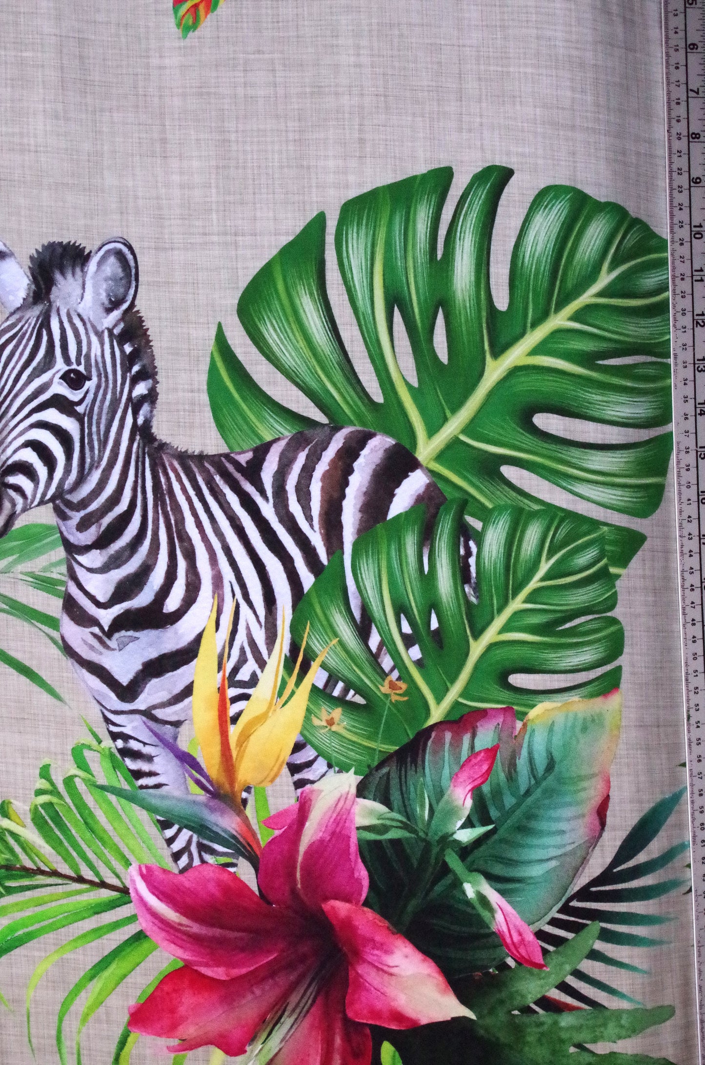 Panneau de tissu Stenzo 100 % coton Oeko-Tex - Guépard et zèbre sur fond lin - 152 x 119 cm