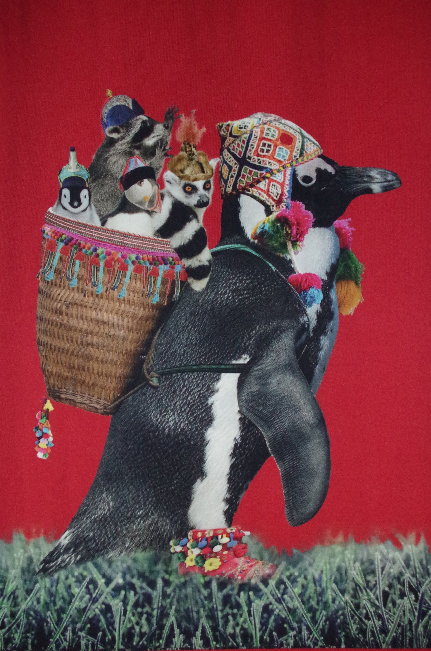 Panneau de tissu Stenzo 100 % coton Oeko-Tex - Pingouin Sherpa sur fond rouge - 152 x 119 cm