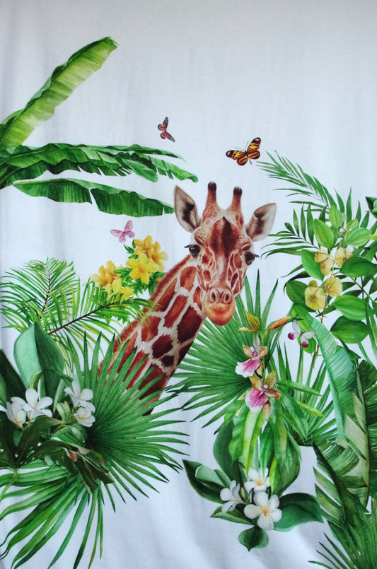 Panneau de tissu Stenzo 100 % coton Oeko-Tex - Girafe dans des feuilles sur fond blanc - 152 x 119 cm