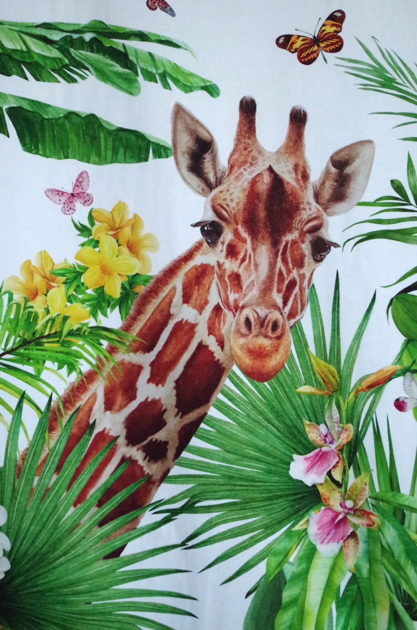 Panneau de tissu Stenzo 100 % coton Oeko-Tex - Girafe dans des feuilles sur fond blanc - 152 x 119 cm