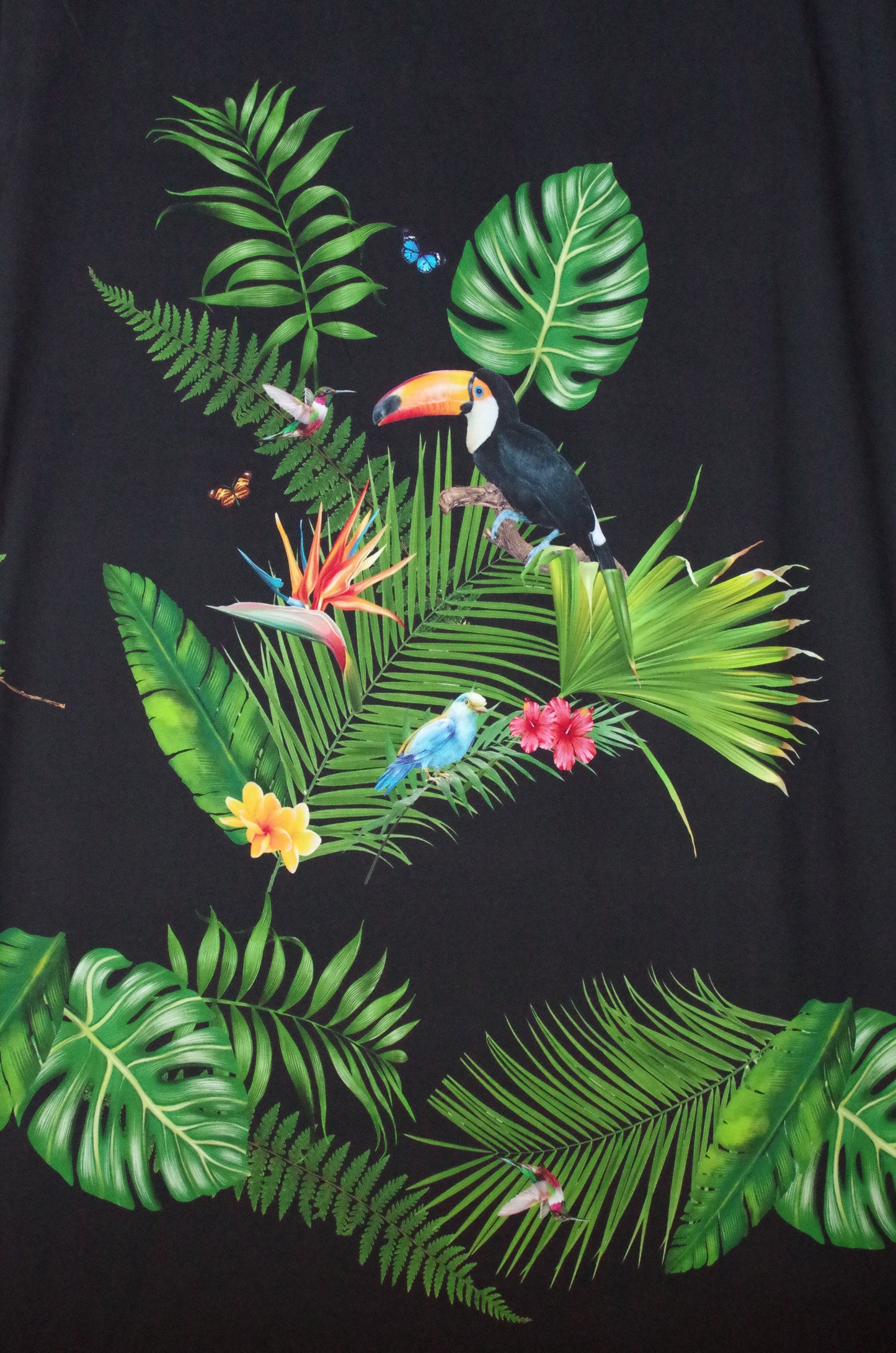 Panneau de tissu Stenzo 100 % coton Oeko-Tex - Oiseaux tropicaux sur fond noir - 152 x 119 cm