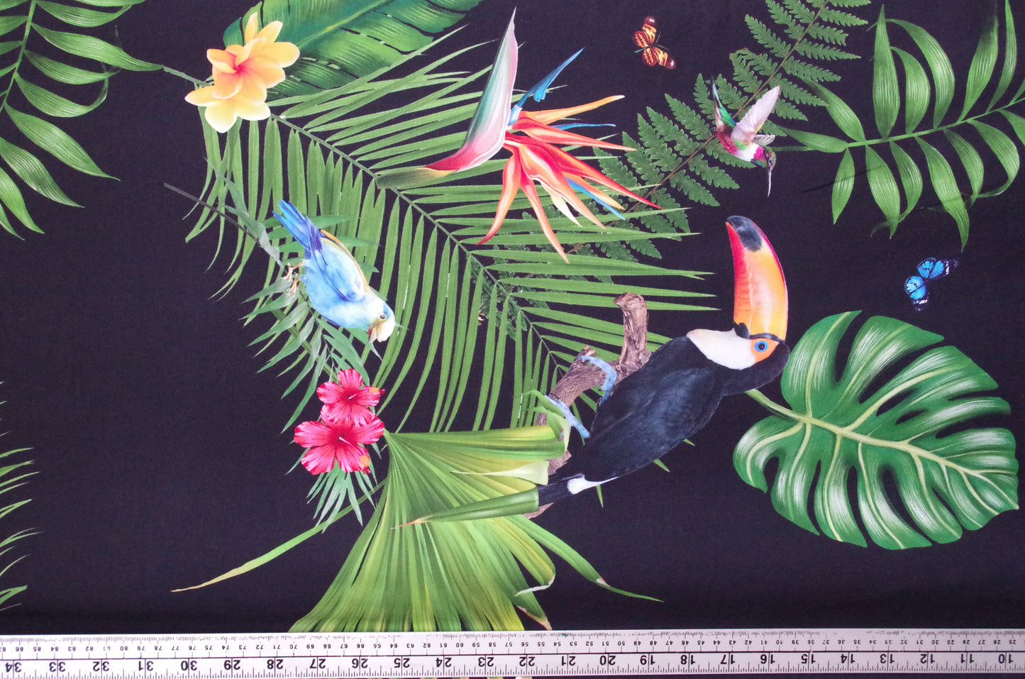 Panneau de tissu Stenzo 100 % coton Oeko-Tex - Oiseaux tropicaux sur fond noir - 152 x 119 cm