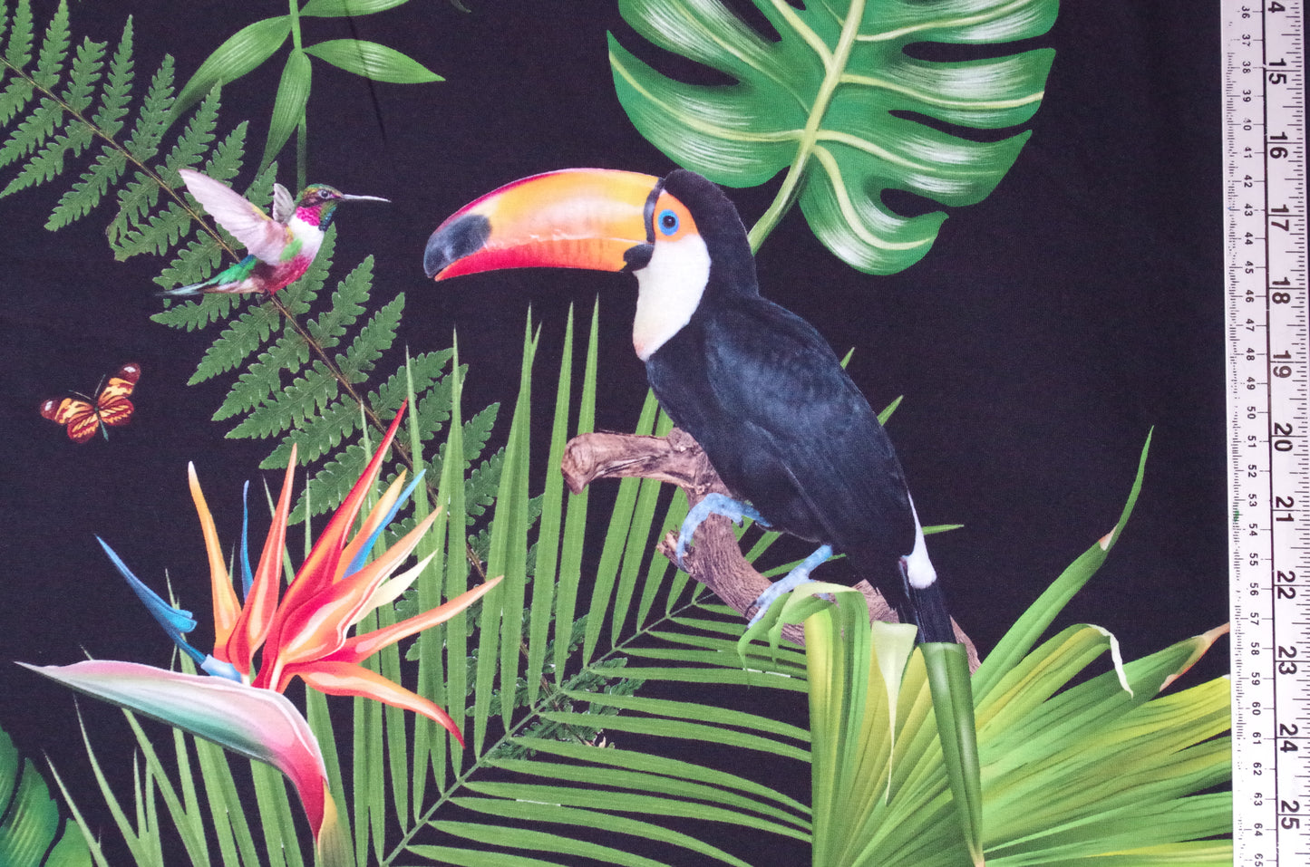 Panneau de tissu Stenzo 100 % coton Oeko-Tex - Oiseaux tropicaux sur fond noir - 152 x 119 cm