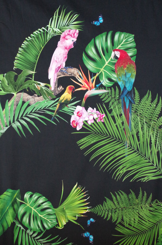 Panneau de tissu Stenzo 100 % coton Oeko-Tex - Oiseaux tropicaux sur fond noir - 152 x 119 cm