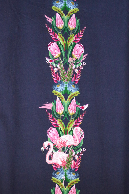Panneau en tissu Stenzo 100 % coton Oeko-Tex - Flamant rose sur bleu marine - 152 x 119 cm