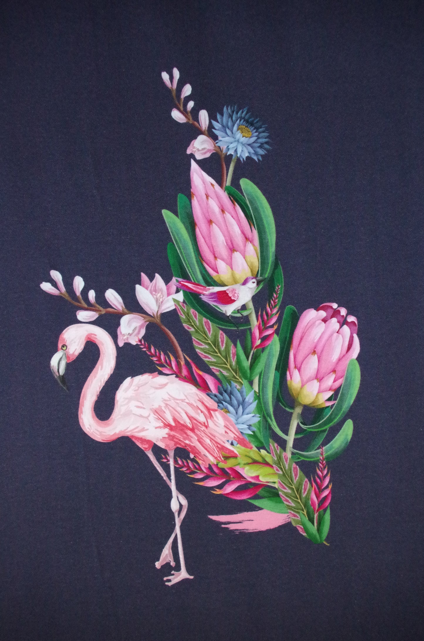 Panneau en tissu Stenzo 100 % coton Oeko-Tex - Flamant rose sur bleu marine - 152 x 119 cm