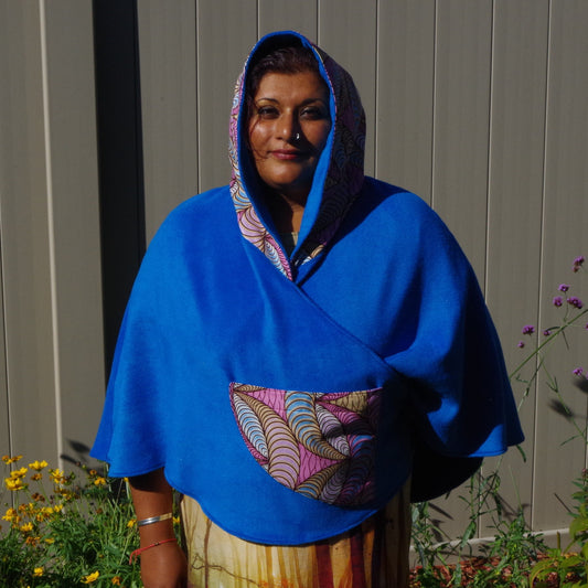 Wrap-around cape - Soft Blue Chenille with Shiny Pink Geometric Print