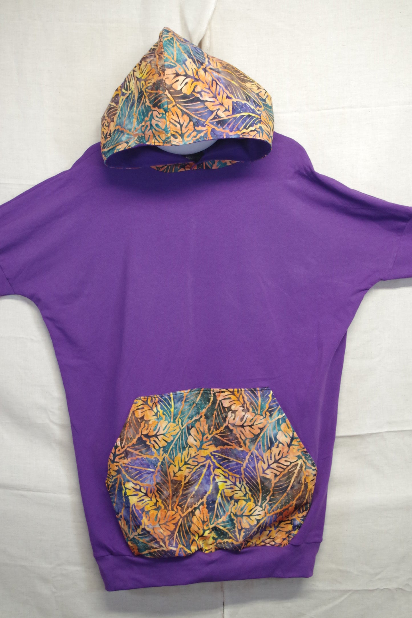 XL Purple Leaf Batik Hoodie - Light Brushed Cotton - Unique piece