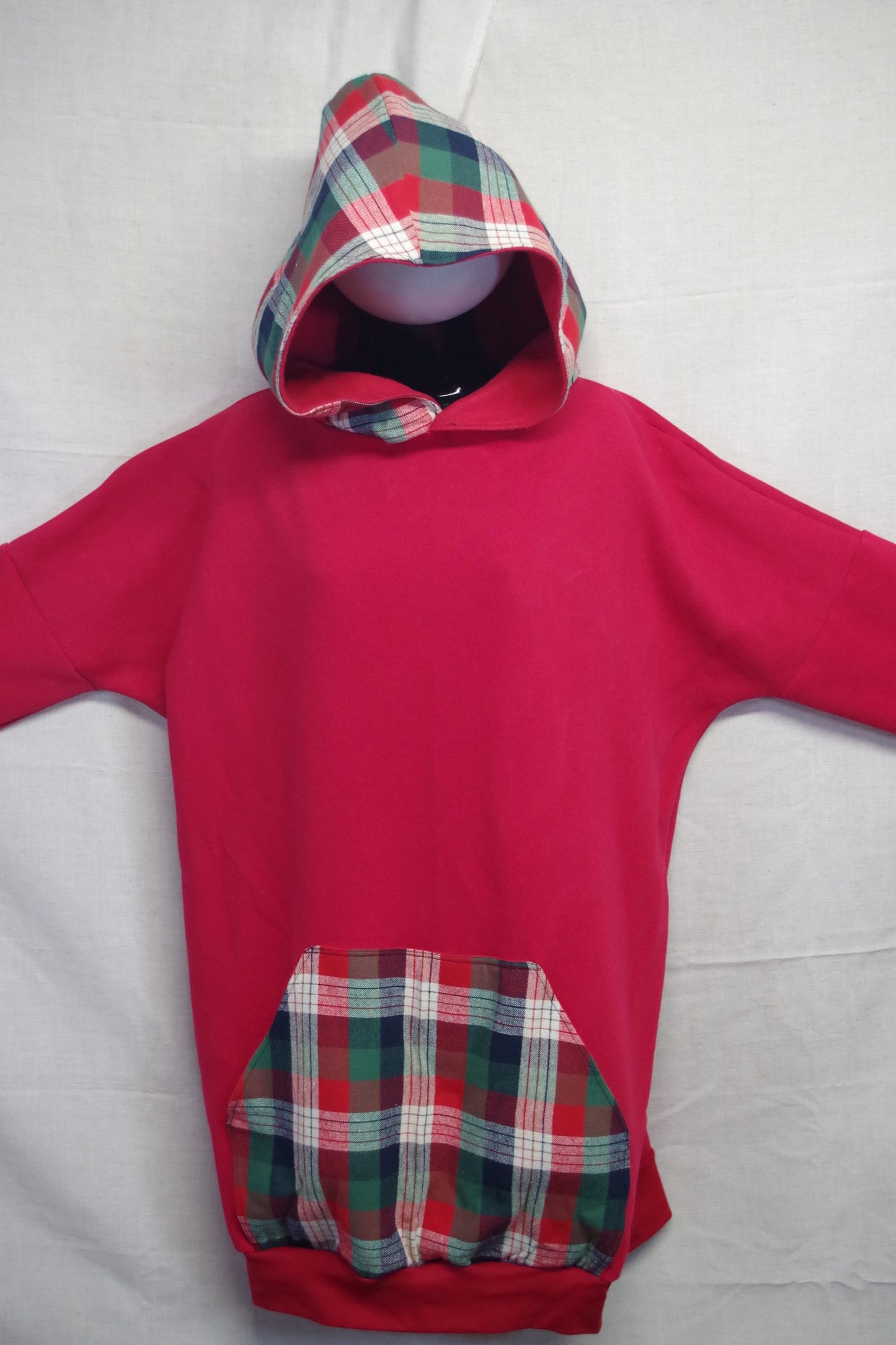 XL Red Plaid Long Hoodie - Heavy Sweatshirt Cotton