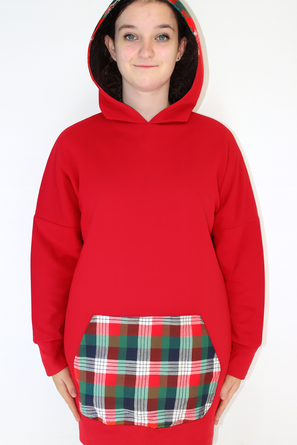 XL Red Plaid Long Hoodie - Heavy Sweatshirt Cotton