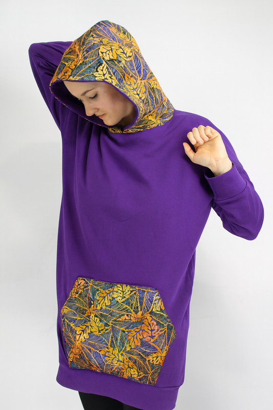 XL Purple Leaf Batik Hoodie - Light Brushed Cotton - Unique piece