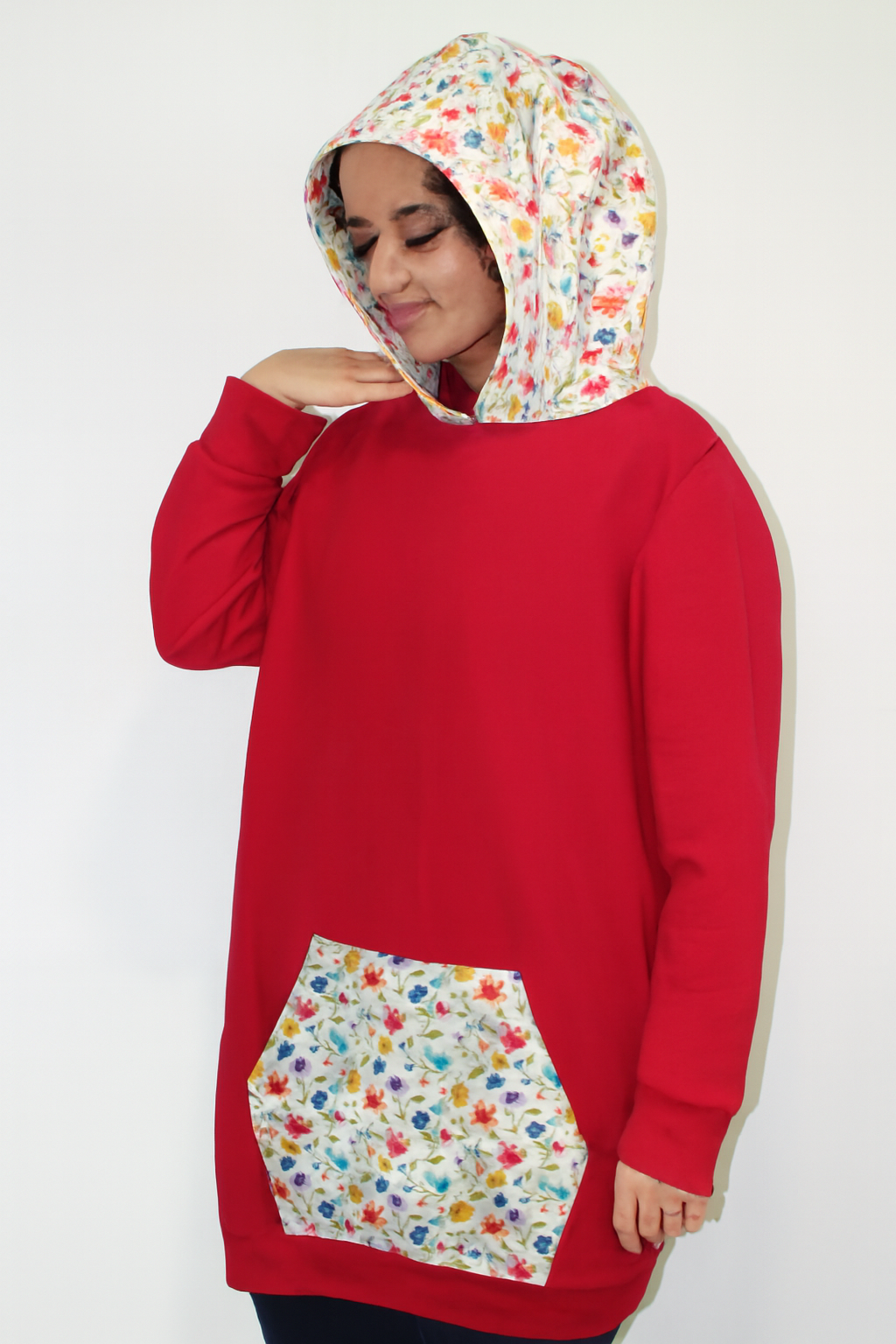 XL Red White Flower Hoodie - Heavy Sweatshirt Cotton