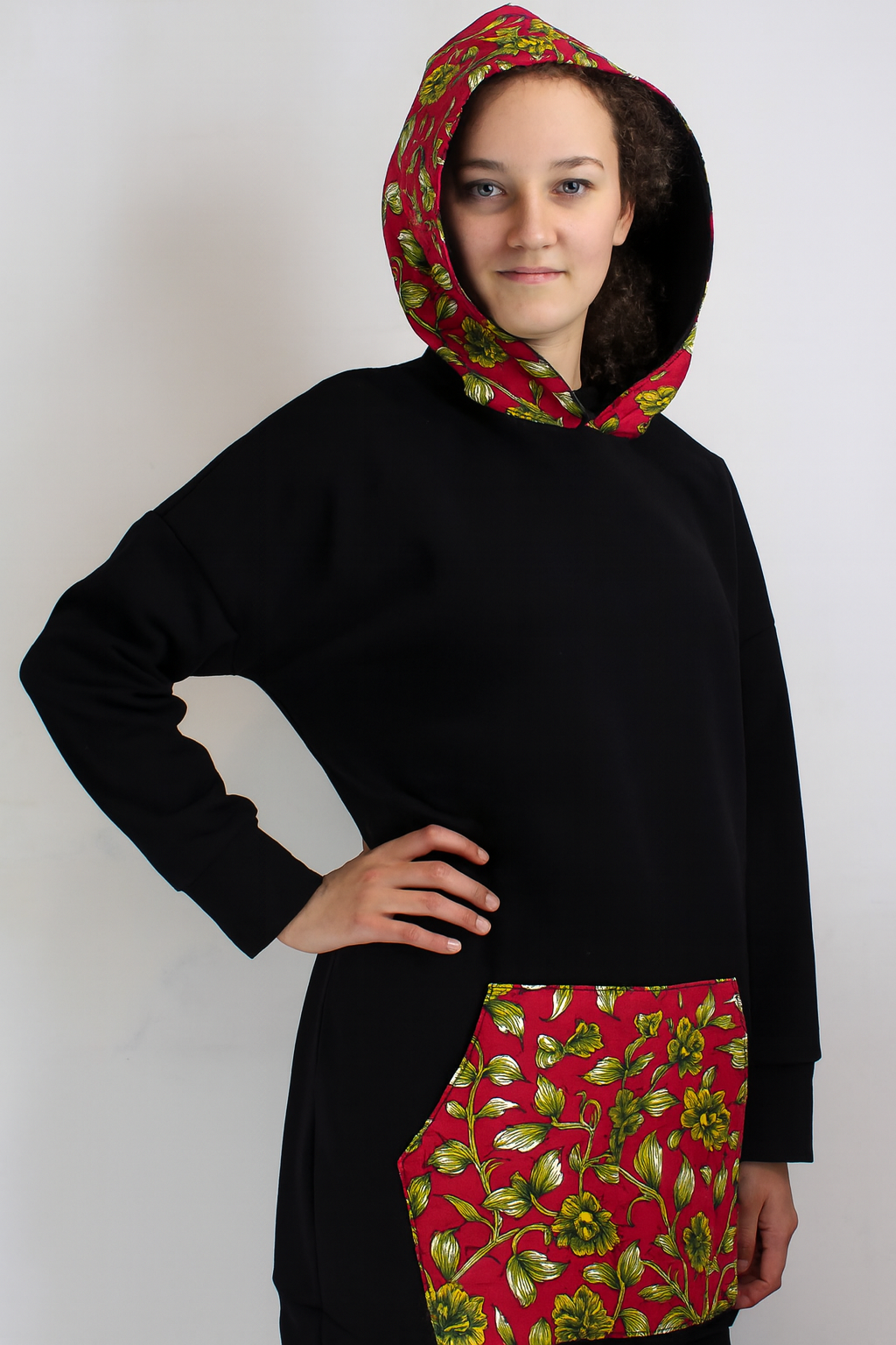 XL Black Red Flower Hoodie - Heavy Sweatshirt Cotton