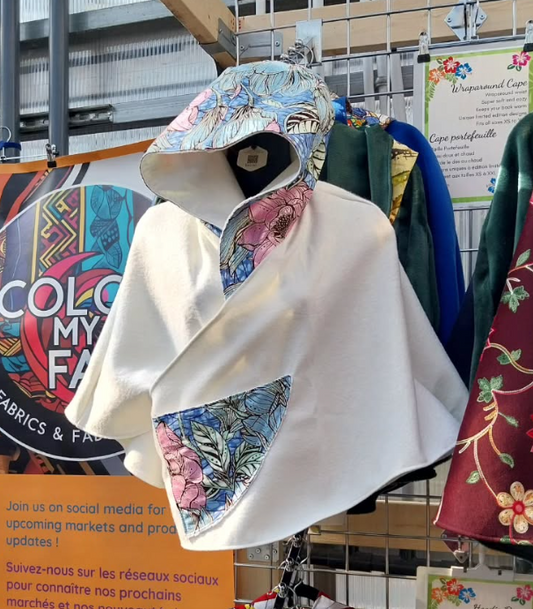 Wrap around cape - White wool blend with shiny Blue and Pink Flowers